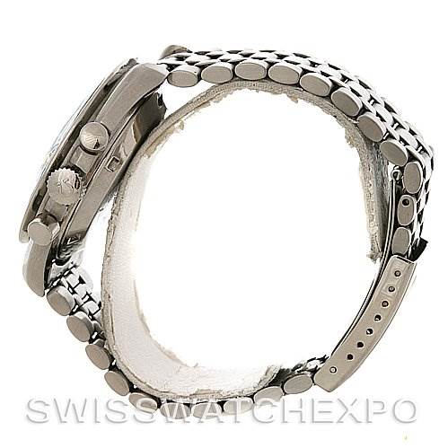 This image shows a side view of the Omega Speedmaster Men's Stainless Steel Black Dial Men's Stainless Steel Black Dial watch, highlighting the case, crown, and metal bracelet.