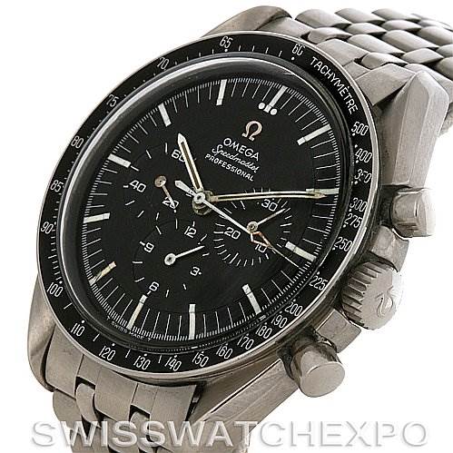 The image shows an Omega Speedmaster Men's Stainless Steel Black Dial Men's Stainless Steel Black Dial watch at a slight angle, displaying its face, bezel, case, and metal bracelet.