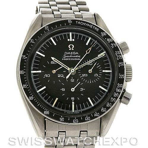 The Omega Speedmaster Men's Stainless Steel Black Dial Men's Stainless Steel Black Dial watch is shown from the front, displaying the dial, bezel, and part of the bracelet.