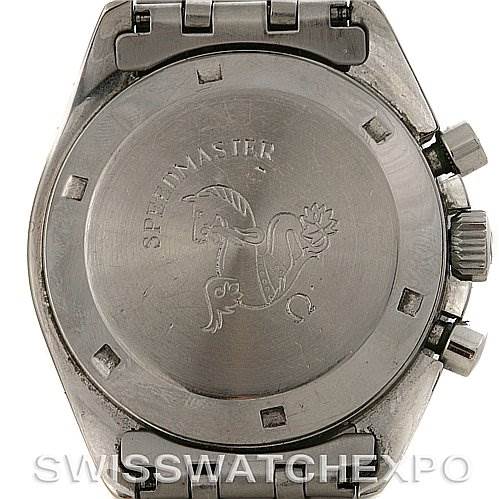 This image shows the back view of the Omega Speedmaster Men's Stainless Steel Black Dial Men's Stainless Steel Black Dial watch, displaying the case back and part of the bracelet.