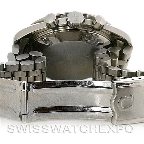 This image shows the back case, crown, pushers, and metal bracelet clasp of an Omega Speedmaster Men's Stainless Steel Black Dial Men's Stainless Steel Black Dial watch.