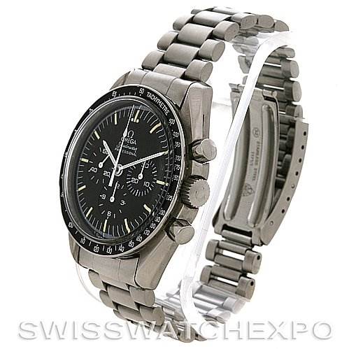 The image shows a side angle of the Omega Speedmaster Men
s Stainless Steel Black Dial Men
s Stainless Steel Black Dial watch, highlighting its bracelet, chronograph buttons, and dial.