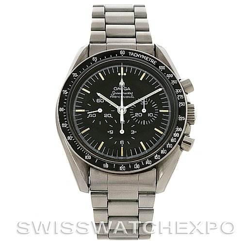 The image shows a front view of an Omega Speedmaster Men
s Stainless Steel Black Dial Men
s Stainless Steel Black Dial watch, featuring its bezel, dial, and bracelet.