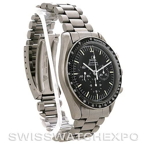 The image shows an Omega Speedmaster Men
s Stainless Steel Black Dial Men
s Stainless Steel Black Dial watch at a three-quarter angle, highlighting the face, bezel, and metal bracelet.