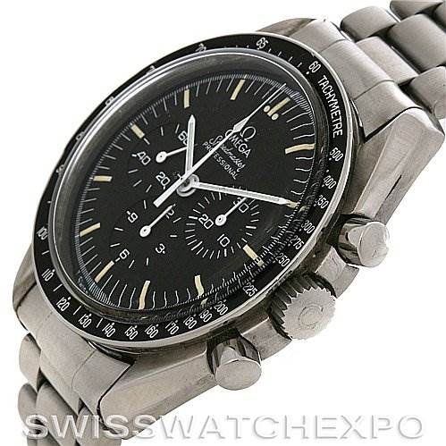 The image shows an Omega Speedmaster Men
s Stainless Steel Black Dial Men
s Stainless Steel Black Dial watch at an angled side view, highlighting the bezel, crown, pushers, and part of the bracelet.