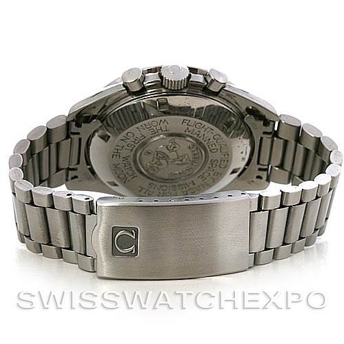 The image shows the back view of an Omega Speedmaster Men
s Stainless Steel Black Dial Men
s Stainless Steel Black Dial watch, focusing on the clasp, bracelet, and case back.