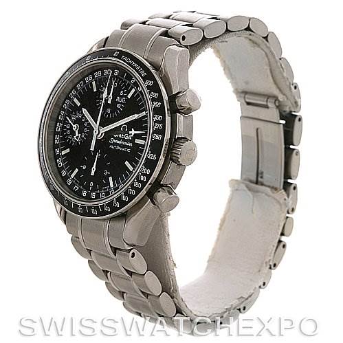 The image shows an Omega Speedmaster Stainless Steel Black Dial Stainless Steel Black Dial watch at a 3/4 side angle, highlighting the face, bezel, buttons, and bracelet.