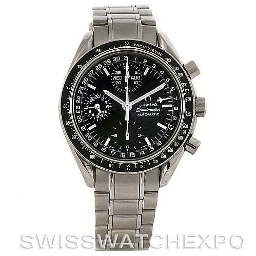 The image shows a front view of the Omega Speedmaster Stainless Steel Black Dial Stainless Steel Black Dial watch, displaying its face, bezel, crown, pushers, and metal bracelet.