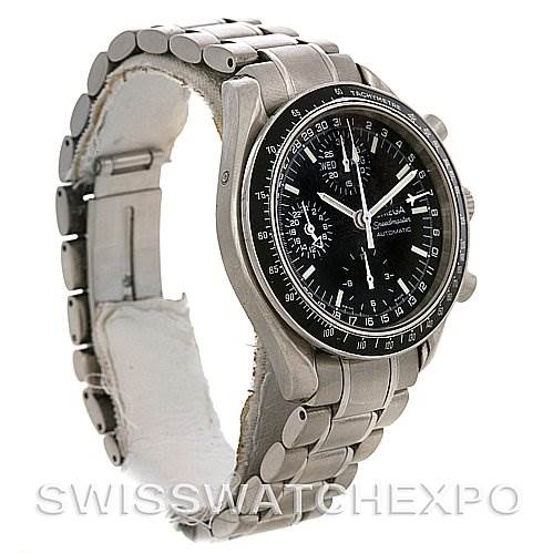 The image shows an Omega Speedmaster Stainless Steel Black Dial Stainless Steel Black Dial watch angled to display the front face, bracelet, and side profile.