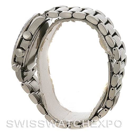 The image shows a side view of an Omega Speedmaster Stainless Steel Black Dial Stainless Steel Black Dial watch, highlighting the bracelet and side profile of the case.