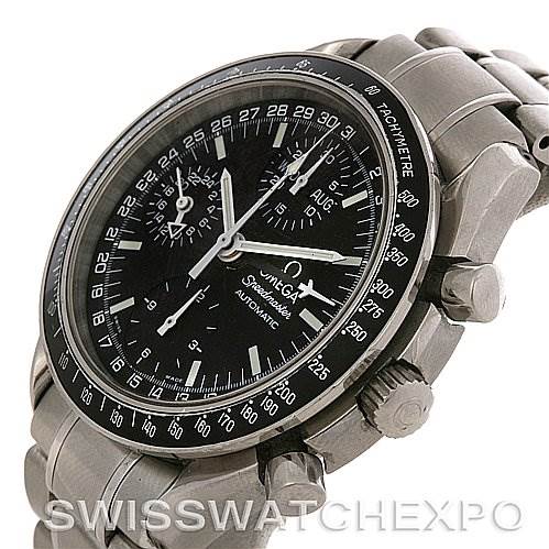 This image shows an Omega Speedmaster Stainless Steel Black Dial Stainless Steel Black Dial watch from a side angle, highlighting the case, dial, and stainless steel bracelet.