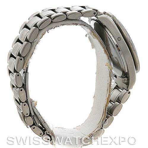 The image shows the side view of an Omega Speedmaster Stainless Steel Black Dial Stainless Steel Black Dial watch, highlighting its metallic bracelet and case.