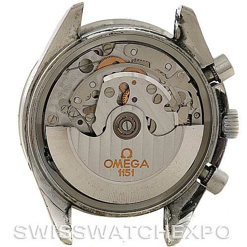 This image shows the case back removed, exposing the movement of an Omega Speedmaster Stainless Steel Black Dial Stainless Steel Black Dial watch.