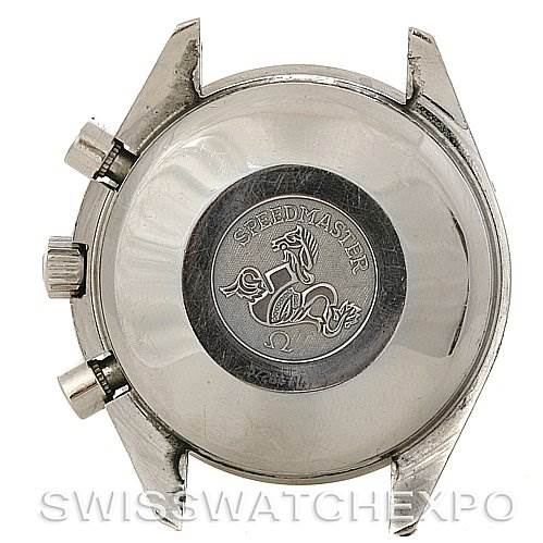 This image shows the case back of an Omega Speedmaster Stainless Steel Black Dial Stainless Steel Black Dial watch, focusing on the engraved emblem and text.