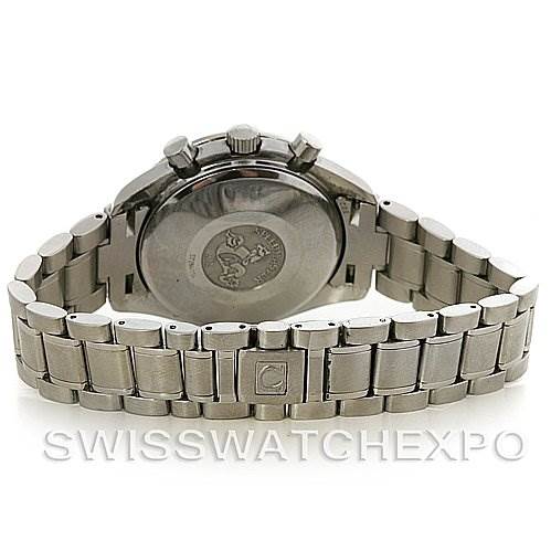 The image shows the back case and bracelet of an Omega Speedmaster Stainless Steel Black Dial Stainless Steel Black Dial watch, viewed from the rear.