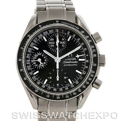 The image shows a frontal view of an Omega Speedmaster Stainless Steel Black Dial Stainless Steel Black Dial watch, displaying its black dial, silver hands, and metal bracelet.