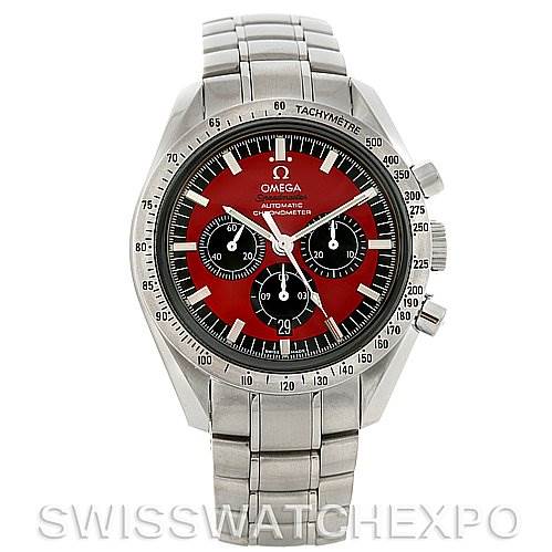 This image shows a front view of the Omega Speedmaster 3506.61 Stainless Steel Red Dial 3506.61 Stainless Steel Red Dial, displaying the red dial, chronograph subdials, tachymètre bezel, and stainless steel bracelet.
