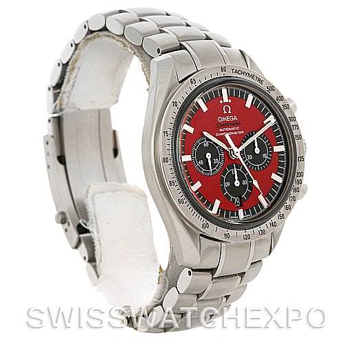 This Omega Speedmaster 3506.61 Stainless Steel Red Dial 3506.61 Stainless Steel Red Dial watch is shown at a slight angle, highlighting the red dial, chronograph subdials, and metal bracelet.