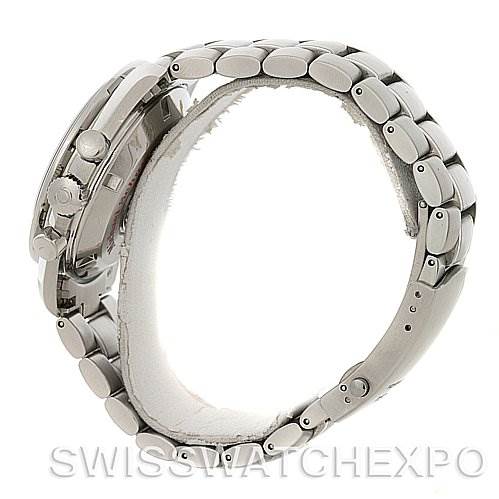 Side view of an Omega Speedmaster 3506.61 Stainless Steel Red Dial 3506.61 Stainless Steel Red Dial watch, highlighting its metal bracelet and partially the side of the case with crown and pushers.