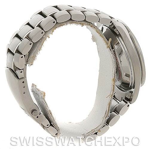 This image shows a side view of the Omega Speedmaster 3506.61 Stainless Steel Red Dial 3506.61 Stainless Steel Red Dial watch, focusing on the stainless steel bracelet and partially covered case.