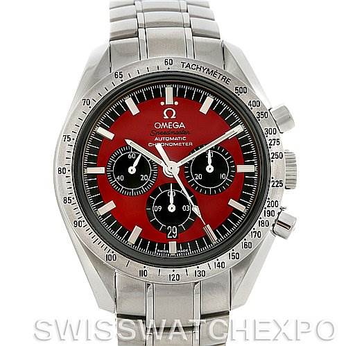 The image shows a front view of the Omega Speedmaster 3506.61 Stainless Steel Red Dial 3506.61 Stainless Steel Red Dial watch, highlighting its red dial, subdials, and stainless steel bracelet.