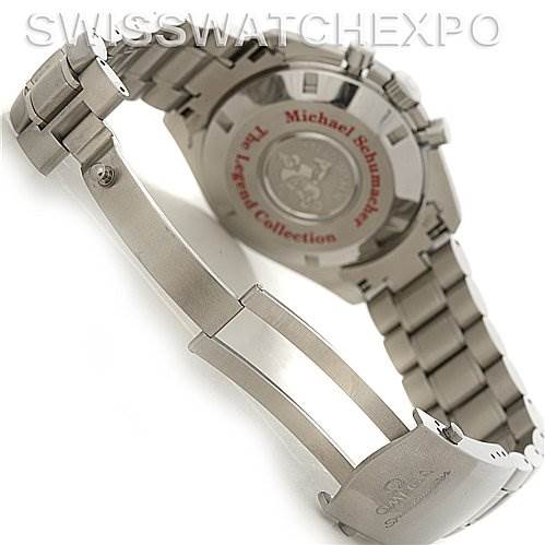 The image shows the stainless steel bracelet and the case back of an Omega Speedmaster 3506.61 Stainless Steel Red Dial 3506.61 Stainless Steel Red Dial watch.