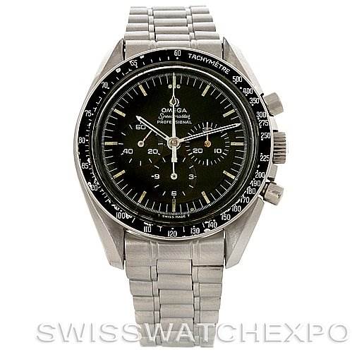 This image shows a front view of an Omega Speedmaster Men's Stainless Steel Black Dial Men's Stainless Steel Black Dial watch, displaying the dial, tachymeter bezel, and stainless steel bracelet.