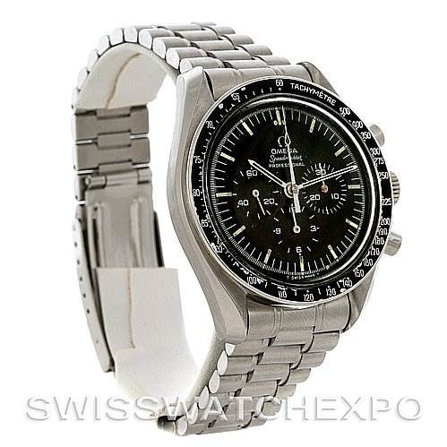 The Omega Speedmaster Men's Stainless Steel Black Dial Men's Stainless Steel Black Dial watch is shown at a three-quarter angle displaying its black dial, tachymeter bezel, and stainless steel bracelet.