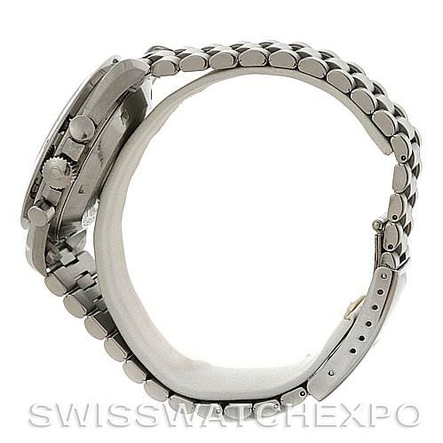 The image shows a side view of an Omega Speedmaster Men's Stainless Steel Black Dial Men's Stainless Steel Black Dial watch emphasizing its case and metal bracelet.