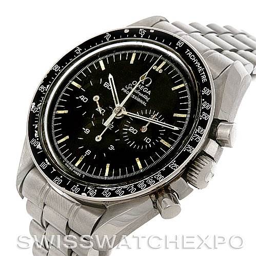 This is a close-up, angled view of the Omega Speedmaster Men's Stainless Steel Black Dial Men's Stainless Steel Black Dial watch showing its face, bezel, and stainless steel bracelet.