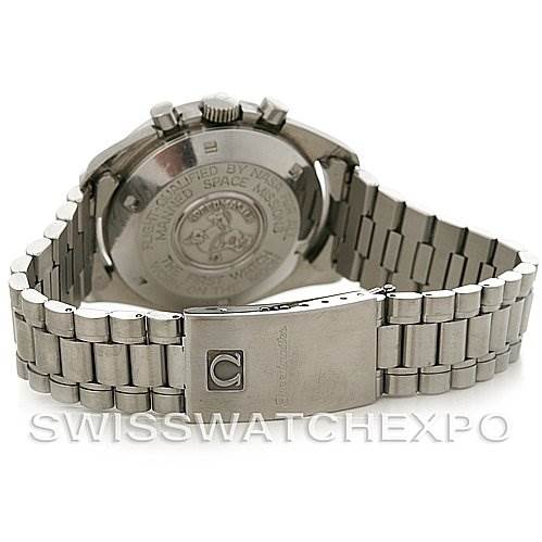 The image shows the back case and stainless steel bracelet of an Omega Speedmaster Men's Stainless Steel Black Dial Men's Stainless Steel Black Dial watch at an angle.