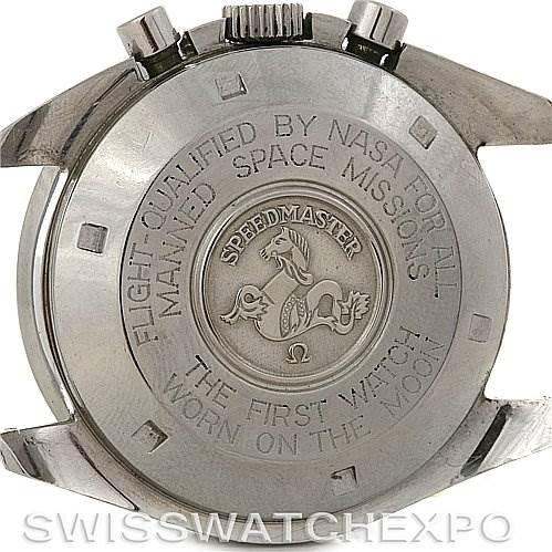 The image shows the back case of the Omega Speedmaster Men's Stainless Steel Black Dial Men's Stainless Steel Black Dial watch, highlighting engravings about its NASA qualification and moon mission.