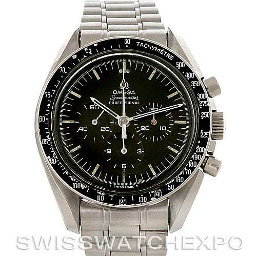 The image shows a front view of an Omega Speedmaster Men's Stainless Steel Black Dial Men's Stainless Steel Black Dial watch, highlighting the dial, tachymeter bezel, and stainless steel bracelet.