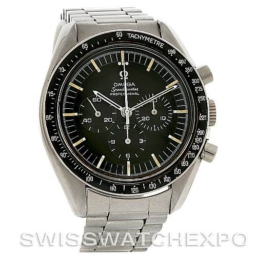 The image shows a frontal view of an Omega Speedmaster Men's Stainless Steel Black Dial Men's Stainless Steel Black Dial watch, highlighting its black dial, tachymeter bezel, and stainless steel bracelet.