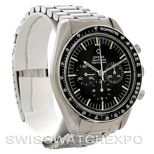 The Omega Speedmaster Men's Stainless Steel Black Dial Men's Stainless Steel Black Dial watch is shown at a three-quarter angle, highlighting the dial, tachymeter bezel, and bracelet.