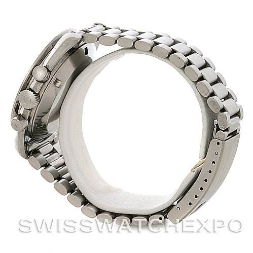 This image shows the side profile of an Omega Speedmaster Men's Stainless Steel Black Dial Men's Stainless Steel Black Dial watch, highlighting its metal bracelet and crown.