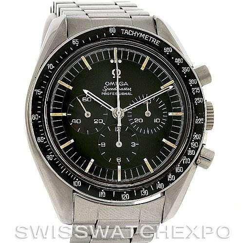 The image shows the front view of an Omega Speedmaster Men's Stainless Steel Black Dial Men's Stainless Steel Black Dial watch, including the tachymeter bezel, chronograph dials, and stainless steel bracelet.