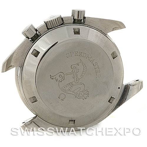 The image shows the back case of an Omega Speedmaster Men's Stainless Steel Black Dial Men's Stainless Steel Black Dial watch, featuring an engraved emblem and the word "Speedmaster."