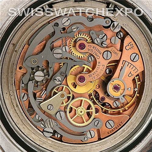 This image shows the intricate movement and internal mechanism of an Omega Speedmaster Men's Stainless Steel Black Dial Men's Stainless Steel Black Dial watch from a close-up rear angle.