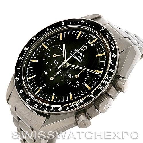 The Omega Speedmaster Men's Stainless Steel Black Dial Men's Stainless Steel Black Dial watch is shown at a three-quarter angle, displaying the dial, tachymetre bezel, and part of the bracelet.