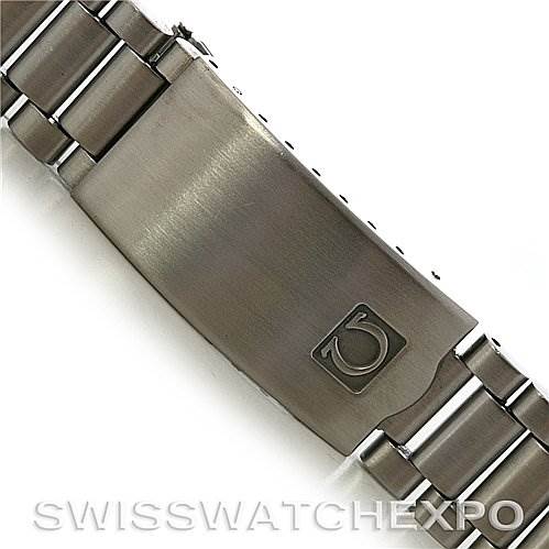 This image shows a close-up of the stainless steel bracelet clasp of an Omega Speedmaster Men's Stainless Steel Black Dial Men's Stainless Steel Black Dial watch.