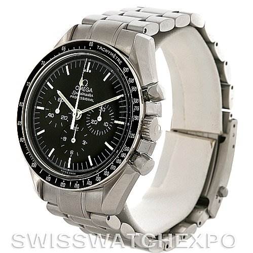 This Omega Speedmaster 3570.50 Men
s Stainless Steel Black Dial 3570.50 Men
s Stainless Steel Black Dial is shown at a slight angle, highlighting the black dial, chronograph sub-dials, and stainless steel bracelet.