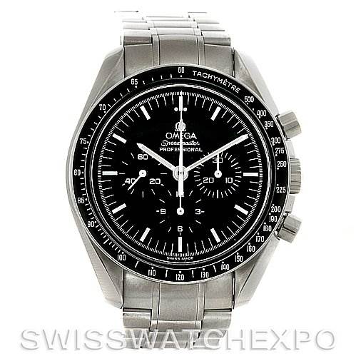 The image shows a front view of the Omega Speedmaster 3570.50 Men
s Stainless Steel Black Dial 3570.50 Men
s Stainless Steel Black Dial watch, highlighting the dial, tachymeter bezel, and metallic bracelet.