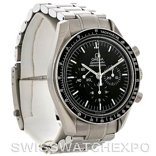 The image shows an Omega Speedmaster 3570.50 Men
s Stainless Steel Black Dial 3570.50 Men
s Stainless Steel Black Dial watch at a three-quarter angle, highlighting the face, bezel, and stainless steel bracelet.