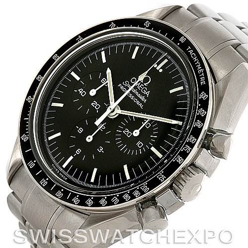 The image shows a close-up angle of an Omega Speedmaster 3570.50 Men
s Stainless Steel Black Dial 3570.50 Men
s Stainless Steel Black Dial watch, focusing on the dial, bezel, and stainless steel bracelet.