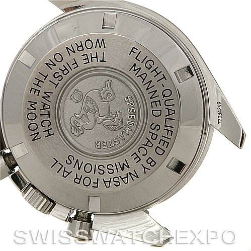 The image shows the back case of an Omega Speedmaster 3570.50 Men
s Stainless Steel Black Dial 3570.50 Men
s Stainless Steel Black Dial watch, highlighting its engravings and metal finish.