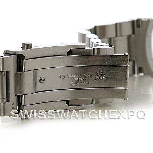 The image shows a close-up of the clasp and part of the stainless steel bracelet of an Omega Speedmaster 3570.50 Men
s Stainless Steel Black Dial 3570.50 Men
s Stainless Steel Black Dial watch.