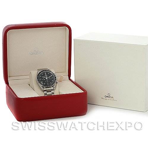The Omega Speedmaster 3570.50 Men
s Stainless Steel Black Dial 3570.50 Men
s Stainless Steel Black Dial watch is displayed in a red box with an open lid, next to a closed white outer box.