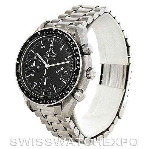 This image shows a side-angle view of an Omega Speedmaster 3510.50.00 Men
s Stainless Steel Black Dial 3510.50.00 Men
s Stainless Steel Black Dial watch, highlighting its dial, bezel, crown, and stainless steel bracelet.