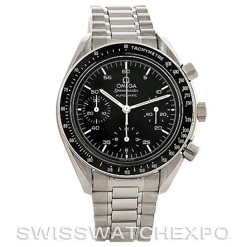 This is a front view of an Omega Speedmaster 3510.50.00 Men
s Stainless Steel Black Dial 3510.50.00 Men
s Stainless Steel Black Dial watch showing its face, bezel, crown, and stainless steel bracelet.